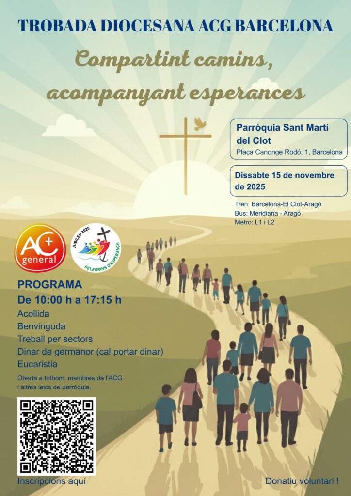 La imatge representa un grup de gent al llarg d'un camí que va fent esses. A l'horitzó, un sol radiant. Sobreimprès s'hi llegeix la informació que trobaràs en aquesta publicació.